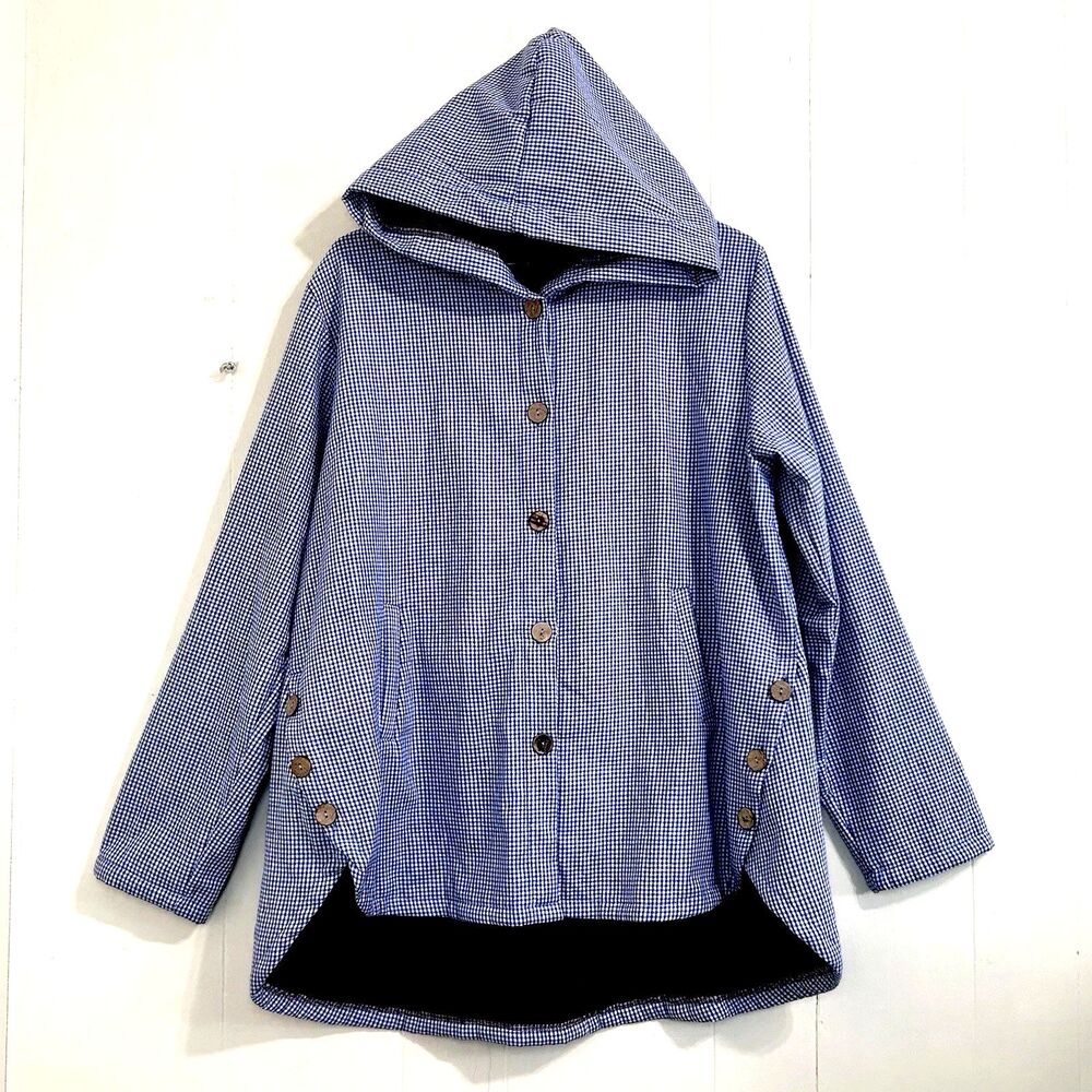 Misslook Hooded Jacket Size L Blue White Gingham Brown Faux Fur Lining